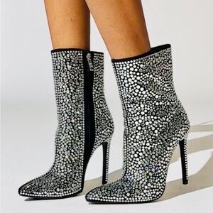 Dazzling Silver and Black Rhinestone Heeled Boots